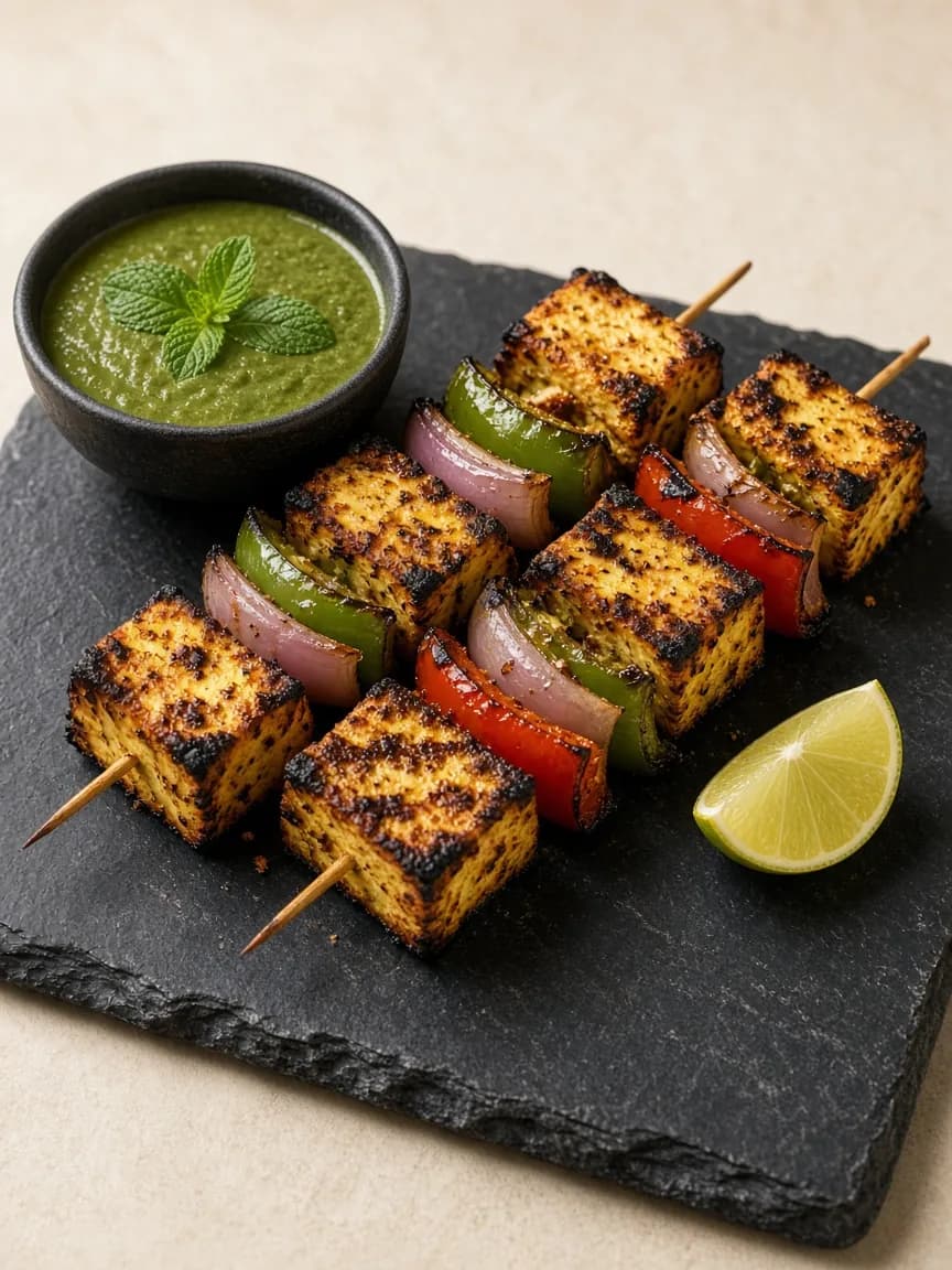 Char-grilled paneer tikka skewers with peppers, a bowl of mint chutney and a lime wedge on a dark slate plate.