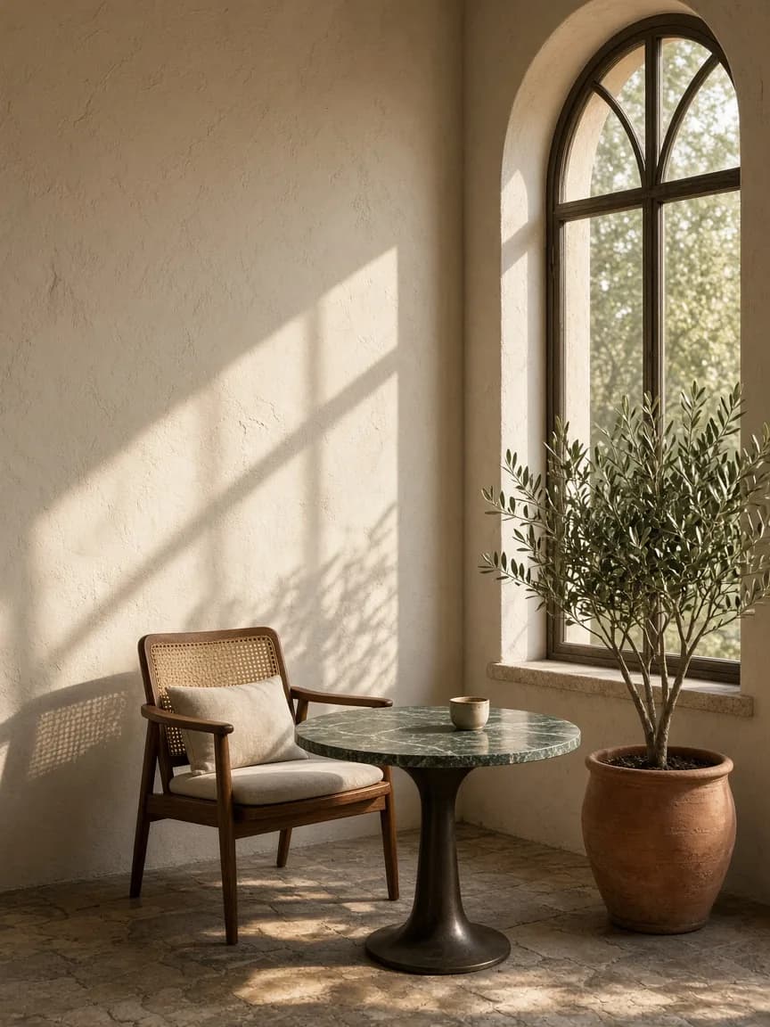A quiet corner table in cream plaster surroundings, with a green marble top, cane chair and an olive tree beside an arched window.