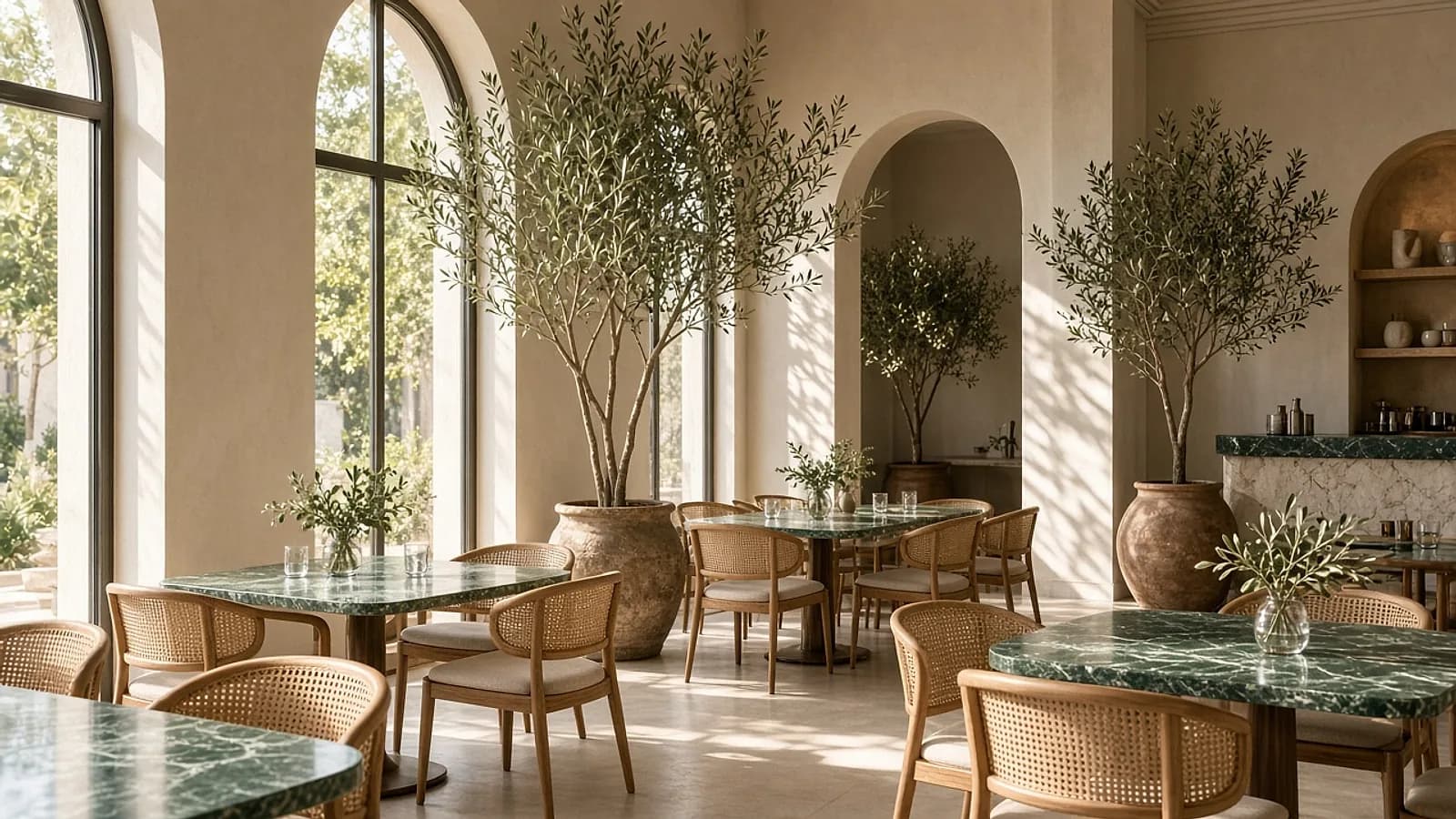 The main dining room in afternoon light, with green marble tables, cane chairs, olive trees and tall arched windows.