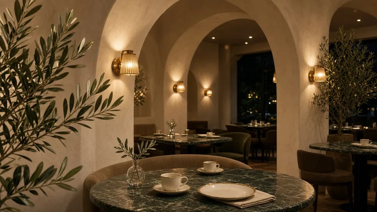 A cafe-restaurant interior at night: cream plaster arches, brass lights, green marble tables set with cream cups.