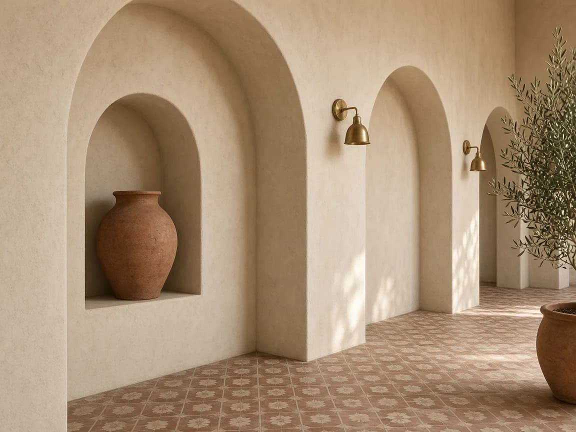 A run of cream plaster arches with brass wall lights and patterned terracotta floor tiles.